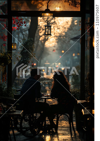 Disabled interracial couple enjoying a romantic dinner 110975607