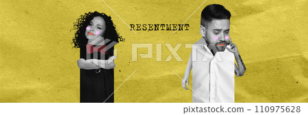 Resentment. Young woman and man feeling offended about words of each other. Quarreling. Contemporary art collage. Resentment. Young woman and man feeling offended about words of each other. Quarreling. Contemporary art collage. 110975628