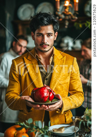 Man with a human heart in her hand, representing greed, ambition and infidelity Man with a human heart in her hand, representing greed, ambition and infidelity 110975629