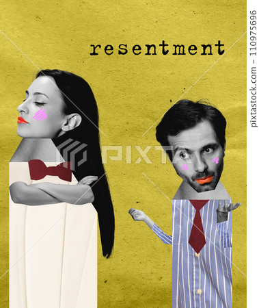 Resentment. Young woman feeling offended about words of her husband. Quarreling. Contemporary art collage. 110975696