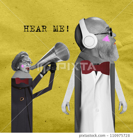 Senior woman shouting to man in headphones asking him to her her. Contemporary art collage. 110975728
