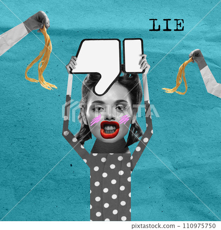 Pulling the wool over the eyes. Woman with giant dislike symbol over male hands holding noodles. Lie. Contemporary art collage. 110975750