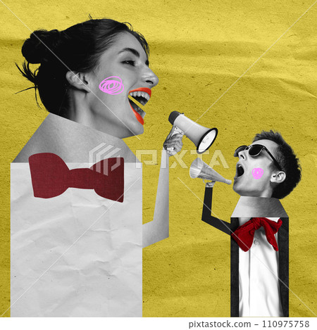 Man and woman, couple shouting in megaphone to each other. Total misunderstanding. Contemporary art collage. 110975758