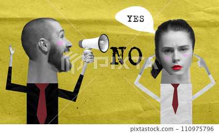 Contemporary art collage. Shouting man with megaphone and woman with yes bubble covering ears against yellow background. Contemporary art collage. Shouting man with megaphone and woman with yes bubble covering ears against yellow background. 110975796