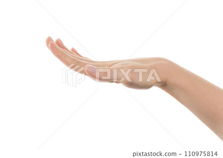 Young woman hand push something isolated on white background Young woman hand push something isolated on white background 110975814