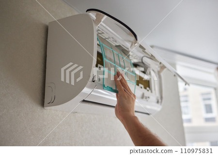 Dirty air conditioner filter need cleaning. Air conditioner service, repair and clean equipment. Dirty air conditioner filter need cleaning. Air conditioner service, repair and clean equipment. 110975831