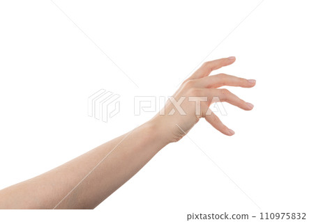 Young woman hand reaching isolated on white background Young woman hand reaching isolated on white background 110975832