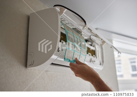 Dirty air conditioner filter need cleaning. Air conditioner service, repair and clean equipment. Dirty air conditioner filter need cleaning. Air conditioner service, repair and clean equipment. 110975833