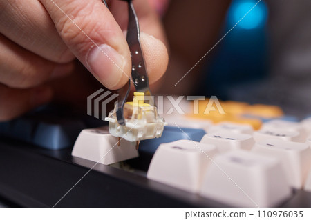 top view of keys and buttons circuit board of disassembled accounting calculator close up top view of keys and buttons circuit board of disassembled accounting calculator close up 110976035