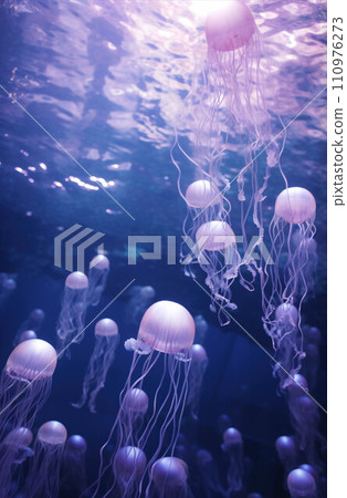 Abstract background wallpaper. Purple jellyfish in the water. Concept of underwater world and ocean life. Abstract background wallpaper. Purple jellyfish in the water. Concept of underwater world and ocean life. 110976273
