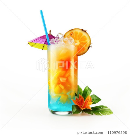 Refreshing lemonade or tropical alcoholic cocktail with lime orange and mint isolated on white background. Refreshing lemonade or tropical alcoholic cocktail with lime orange and mint isolated on white background. 110976298