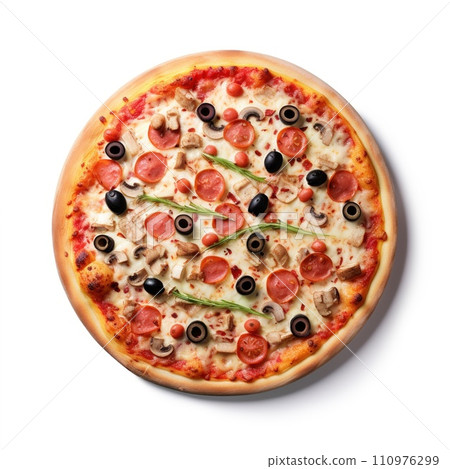Delicious pizza served on wooden plate isolated on white 110976299