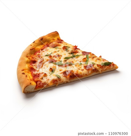 Delicious slice of pizza served on wooden plate isolated on white 110976300