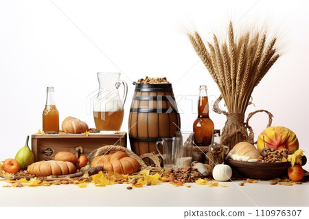 Groceries including vegetables, beer, bakery isolated on white background Groceries including vegetables, beer, bakery isolated on white background 110976307