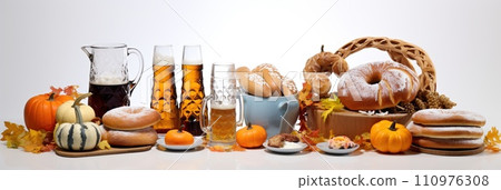 Groceries including vegetables, beer, bakery isolated on white background 110976308