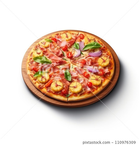 Delicious pizza served on wooden plate isolated on white 110976309