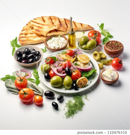 Groceries including vegetables, fruits, bakery isolated on white background Groceries including vegetables, fruits, bakery isolated on white background 110976310