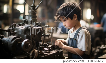 Tired Chinese boy working in a factory. Child labor concept. China exploiting child labor. Young kid working a hard job in a factory. Sad Asian boy on low paying job at a factory. 110976647