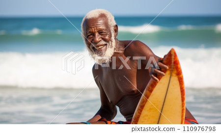 Happy elderly African surfer standing on the beach on a bright summer day. Smiling African man standing on an ocean shore with a surfboard. Cheerful old African American preparing to surf the waves. Happy elderly African surfer standing on the beach on a bright summer day. Smiling African man standing on an ocean shore with a surfboard. Cheerful old African American preparing to surf the waves. 110976798