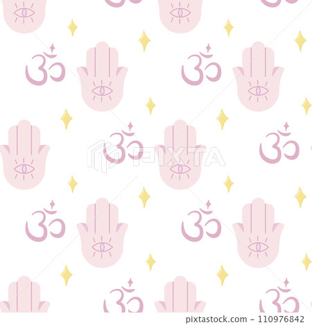 Seamless pattern of yoga, hamsa and Om symbol. For your fabric or design 110976842