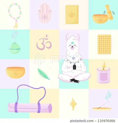 Seamless pattern of yoga lamas, meditations and singing bowls. For your fabric or design 110976866