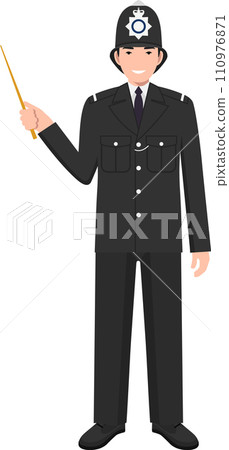 Standing British Policeman Officer with Wooden Pointer Stick in Traditional Uniform Character Icon in Flat Style. Vector Illustration. 110976871