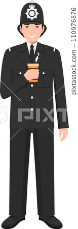 Standing British Policeman Officer with Cup of Coffee in Traditional Uniform Character Icon in Flat Style. Vector Illustration. 110976876