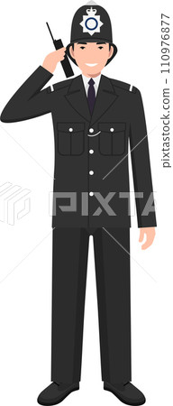 Standing British Policeman Officer with Walkie-Talkie in Traditional Uniform Character Icon in Flat Style. Vector Illustration. 110976877