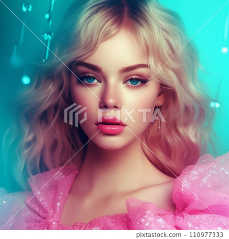 Fashion portrait of beautiful young woman with bright makeup and pink dress. Fashion and beauty. Portrait of a sexy beautiful girl. Fashion portrait of beautiful woman with blonde hair and plump lips 110977333