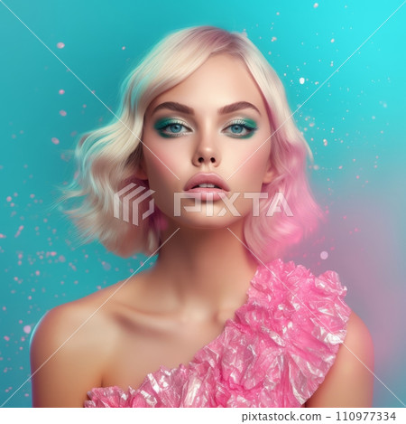 Fashion portrait of beautiful young woman with bright makeup and pink dress. Fashion and beauty. Portrait of a sexy beautiful girl. Fashion portrait of beautiful woman with blonde hair and plump lips Fashion portrait of beautiful young woman with bright makeup and pink dress. Fashion and beauty. Portrait of a sexy beautiful girl. Fashion portrait of beautiful woman with blonde hair and plump lips 110977334
