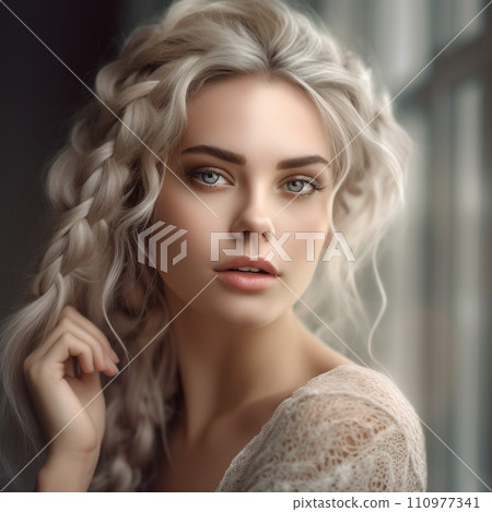 Portrait of a beautiful blonde woman with long curly hair. Blonde girl with professional make-up. A pretty white woman with long curly hair. Blonde female with natural eye make-up. Portrait of a beautiful blonde woman with long curly hair. Blonde girl with professional make-up. A pretty white woman with long curly hair. Blonde female with natural eye make-up. 110977341