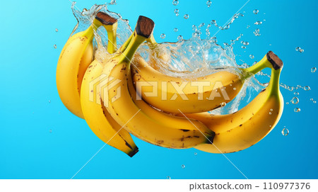 Bunch of bananas with water drops on blue background, close up. Bunch of bananas in water splash, isolated on blue background. AI generated image. 110977376