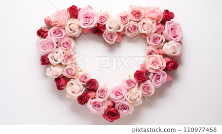 Generative AI Heart-shaped arrangement of roses in shades of pink and red on a white background, a symbol of love. 110977468
