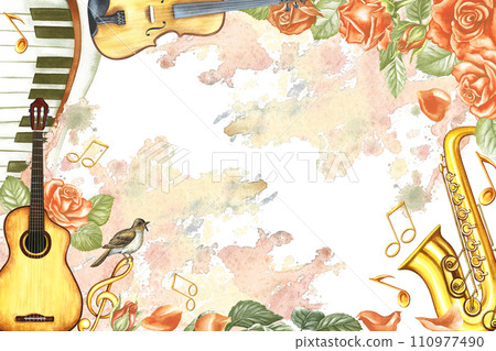 The frame is musical with a guitar, saxophone and violin, roses and piano keys on watercolor inclusions. The illustration is made in watercolor. For posters, flyers, invitation cards, certificates. The frame is musical with a guitar, saxophone and violin, roses and piano keys on watercolor inclusions. The illustration is made in watercolor. For posters, flyers, invitation cards, certificates. 110977490