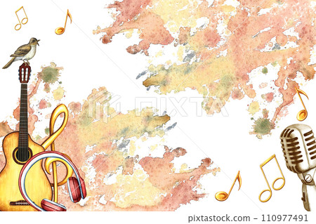 The frame is musical with a guitar, microphone and treble clef on watercolor splashes. The watercolor illustration is drawn. For posters, flyers and invitation card. For greeting card and certificate. The frame is musical with a guitar, microphone and treble clef on watercolor splashes. The watercolor illustration is drawn. For posters, flyers and invitation card. For greeting card and certificate. 110977491
