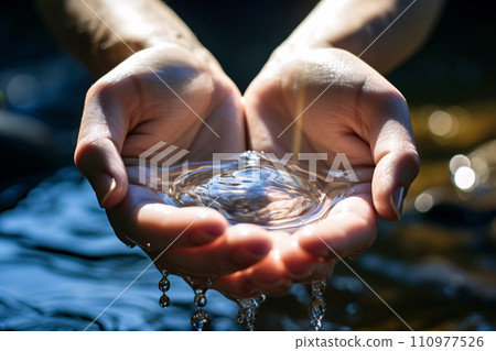 Woman hands scooping fresh and clear water, water conservation concept. generative ai Woman hands scooping fresh and clear water, water conservation concept. generative ai 110977526