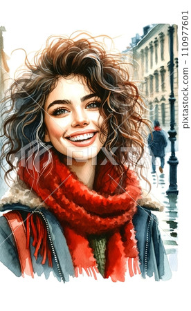 Generative AI The image is a vibrant watercolor portrait of a joyful woman with curly hair and a red scarf, her smile radiating warmth and happiness. 110977601