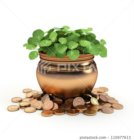 gold coins in a green pot isolated on white 110977613