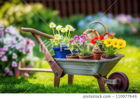 Wheelbarrow with flowers and gardening equipment Wheelbarrow with flowers and gardening equipment 110977649