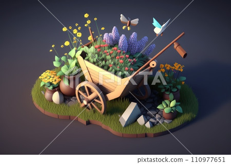 Wheelbarrow with flowers and gardening equipment 110977651