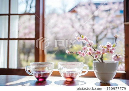 Cups of tea and a bouquet of beautiful flowers. Refined vintage cups Cups of tea and a bouquet of beautiful flowers. Refined vintage cups 110977779