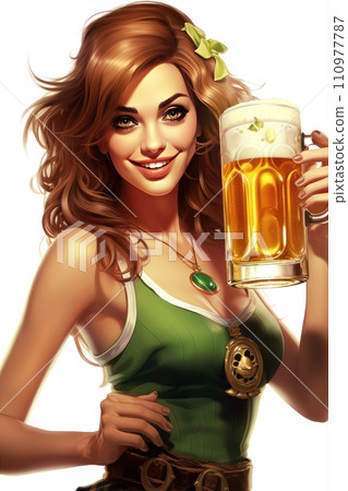 A girl in green clothes with a mug of beer. St. Patrick's Day celebration 110977787