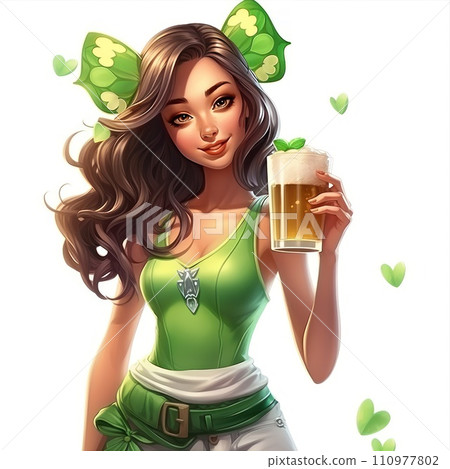 Beautiful girl in green clothes with a mug of beer. St. Patrick's Day concept. Beautiful girl in green clothes with a mug of beer. St. Patrick's Day concept. 110977802