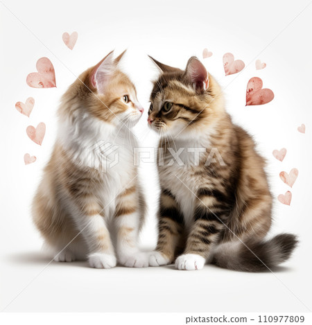 Two cute kittens sitting next to each other isolated on a white background Two cute kittens sitting next to each other isolated on a white background 110977809