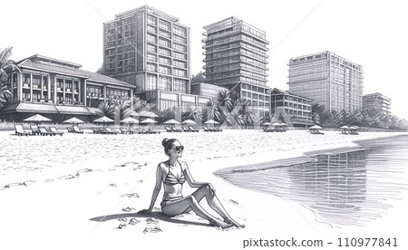Generative AI The image is a detailed pencil sketch of a beach scene with a woman sitting on the sand, high-rise buildings in the background, and beach umbrellas. Generative AI The image is a detailed pencil sketch of a beach scene with a woman sitting on the sand, high-rise buildings in the background, and beach umbrellas. 110977841