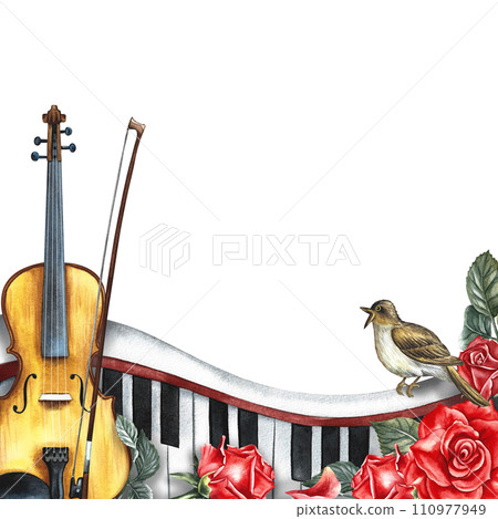 The frame is musical with a violin, piano keys, roses and a nightingale. The watercolor illustration is hand-drawn. For posters, flyers and invitation cards. For greeting cards and certificates. The frame is musical with a violin, piano keys, roses and a nightingale. The watercolor illustration is hand-drawn. For posters, flyers and invitation cards. For greeting cards and certificates. 110977949