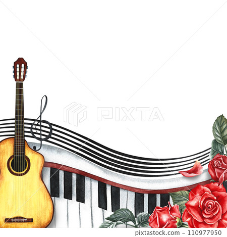 The frame is musical with guitars, piano keys, roses and musical strings. The watercolor illustration is hand-drawn. For posters, flyers and invitation cards. For greeting cards and certificates. The frame is musical with guitars, piano keys, roses and musical strings. The watercolor illustration is hand-drawn. For posters, flyers and invitation cards. For greeting cards and certificates. 110977950