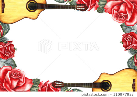 The frame is musical with guitars and red roses. The watercolor illustration is hand-drawn. For posters, flyers and invitation cards. For greeting cards and certificates. The frame is musical with guitars and red roses. The watercolor illustration is hand-drawn. For posters, flyers and invitation cards. For greeting cards and certificates. 110977952
