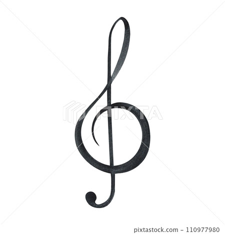 The treble clef is black. The watercolor illustration is hand-drawn. Highlight it. For logos, badges, stickers and prints. For postcards, business cards, flyers and posters. 110977980