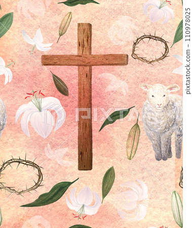 Watercolor wooden cross and lilies card for Easter, holy Thursday, religious seamless pattern on peach background 110978025
